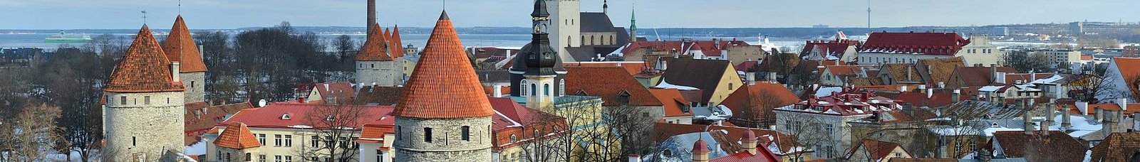 Talvine panoraam Tallinna vanalinnast: lumi punastel kivikatustel, keskaegse linnamüüri tornid ja külmunud Soome laht taamal.